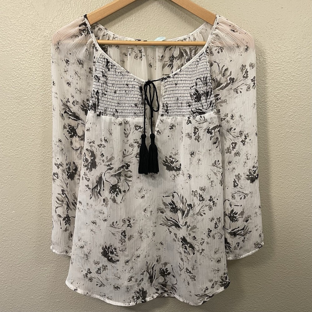Maurices Sheer Floral Peasant Top Tassel Tie Black White Watercolor Size L EUC